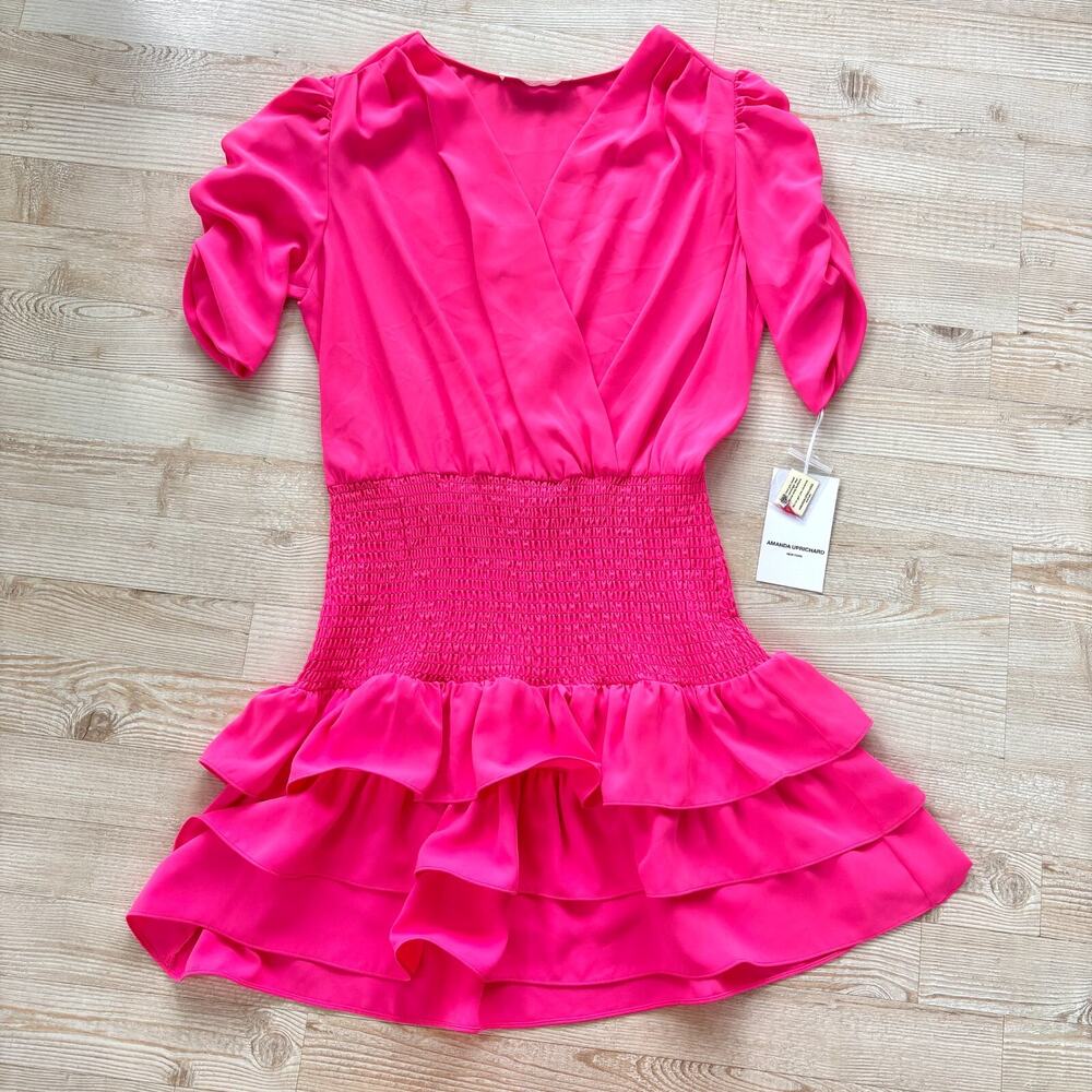 New Amanda Uprichard‎ Tabby Smocked Drop Waist Ruffle Mini Dress | Hot Pink M